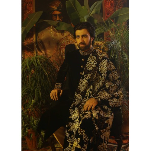 ZGMS1002 Black Velvet Groom Sherwani