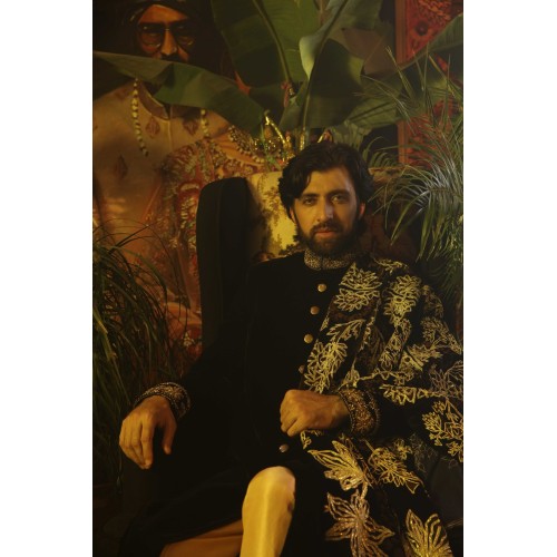 ZGMS1002 Black Velvet Groom Sherwani
