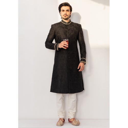 ZGMS1004 Black Jamawar Groom Sherwani