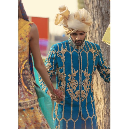 ZGMS1005 Azul Raw Silk Groom Sherwani