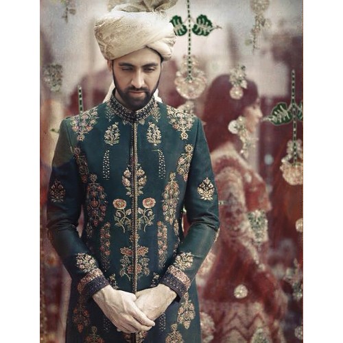 ZGMS1006 Midnight Green Jamawar Groom Sherwani