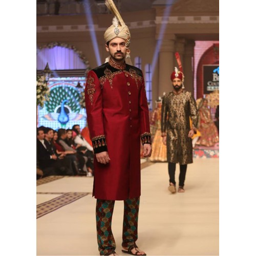ZGMS1008 OU Crimson Red Raw Silk Groom Sherwani
