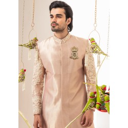 ZGMS1016 Apricot Raw Silk Groom Sherwani