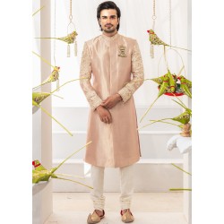 ZGMS1016 Apricot Raw Silk Groom Sherwani