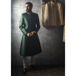 ZGMS1017 British Racing Green Jamawar Groom Sherwani