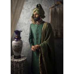ZGMS1017 British Racing Green Jamawar Groom Sherwani