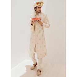 ZGMS1019 White Jamawar Groom Sherwani