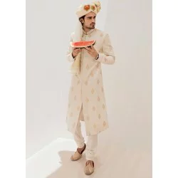 ZGMS1019 White Jamawar Groom Sherwani