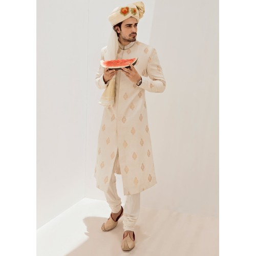 ZGMS1019 White Jamawar Groom Sherwani