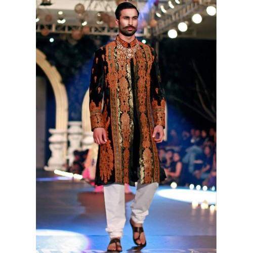 ZGMS1022 Black Velvet Groom Sherwani