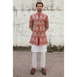 ZGMS1023 Fire Engine Red Raw Silk Groom Sherwani