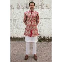 ZGMS1023 Fire Engine Red Raw Silk Groom Sherwani