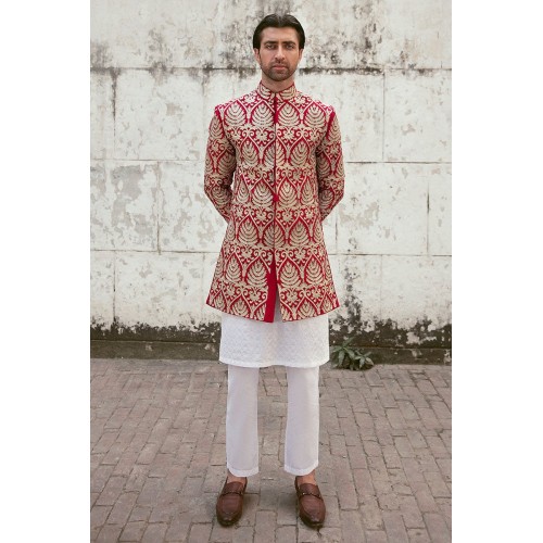 ZGMS1023 Fire Engine Red Raw Silk Groom Sherwani