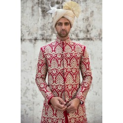 ZGMS1023 Fire Engine Red Raw Silk Groom Sherwani