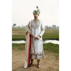 ZGMS1025 Off White Raw Silk Groom Sherwani