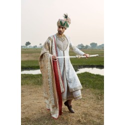 ZGMS1025 Off White Raw Silk Groom Sherwani