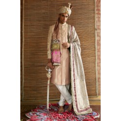 ZGMS1026 Apricot Tissue Groom Sherwani