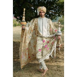 ZGMS1028 White Jamawar Groom Sherwani