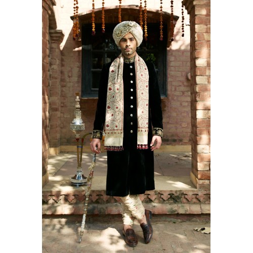 ZGMS1029 Black Velvet Groom Sherwani