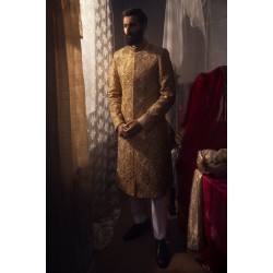 ZGMS1033 Sunflower Raw Silk Groom Sherwani