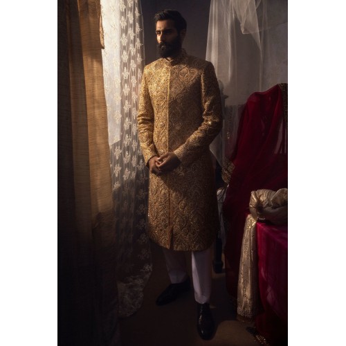ZGMS1033 Sunflower Raw Silk Groom Sherwani