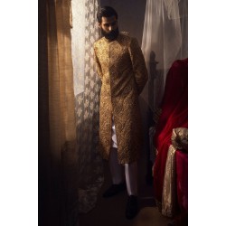 ZGMS1033 Sunflower Raw Silk Groom Sherwani