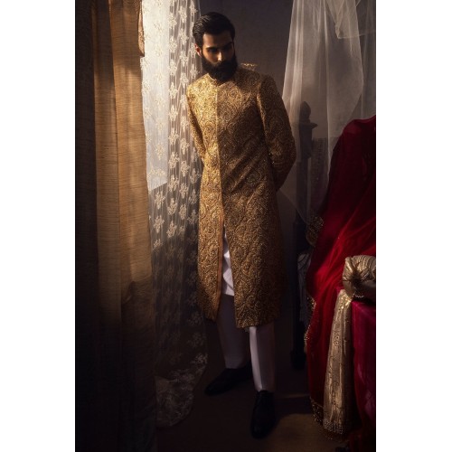ZGMS1033 Sunflower Raw Silk Groom Sherwani
