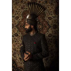 ZGMS1034 Black Raw Silk Groom Sherwani