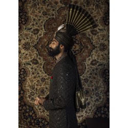 ZGMS1034 Black Raw Silk Groom Sherwani