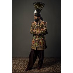 ZGMS1035 Liver Raw Silk Groom Sherwani
