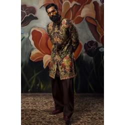 ZGMS1035 Liver Raw Silk Groom Sherwani