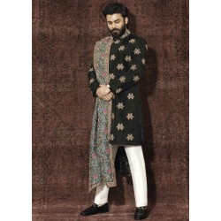 ZGMS1101 Black Raw Silk Groom Sherwani