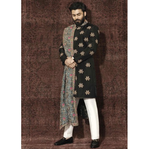 ZGMS1101 Black Raw Silk Groom Sherwani