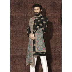 ZGMS1101 Black Raw Silk Groom Sherwani