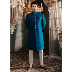 ZGMS1104 NCS Blue Raw Silk Groom Sherwani