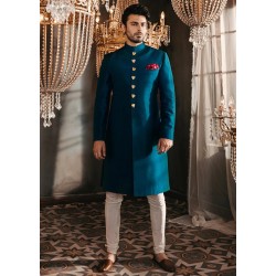 ZGMS1104 NCS Blue Raw Silk Groom Sherwani