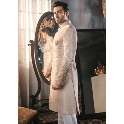 ZGMS1105 Off White Banarsi Groom Sherwani