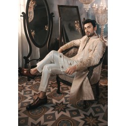 ZGMS1105 Off White Banarsi Groom Sherwani