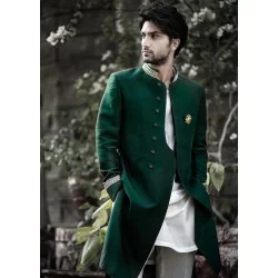 ZGMS1106 Dark Emerald Raw Silk Groom Sherwani