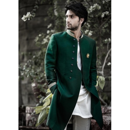 ZGMS1106 Dark Emerald Raw Silk Groom Sherwani