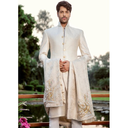 ZGMS1107 White Banarsi Groom Sherwani