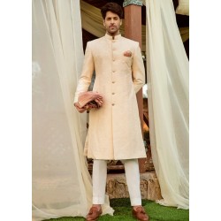 ZGMS1108 Off White Raw Silk Groom Sherwani