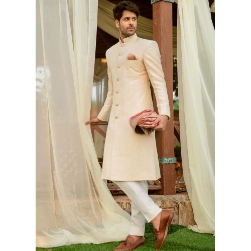 ZGMS1108 Off White Raw Silk Groom Sherwani