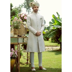 ZGMS1110 White Jamawar Groom Sherwani