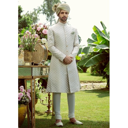 ZGMS1110 White Jamawar Groom Sherwani