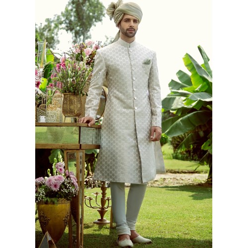 ZGMS1110 White Jamawar Groom Sherwani