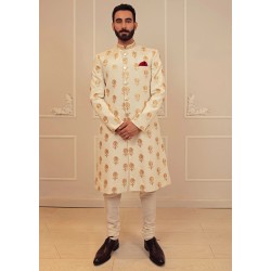 ZGMS1111 White Off White Raw Silk Sherwani
