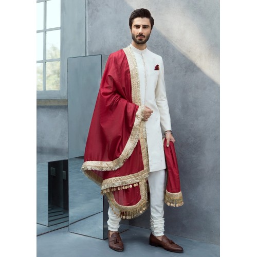 ZGMS1113 White Raw Silk Sherwani