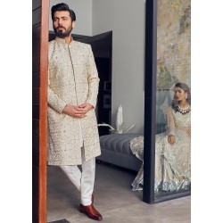 ZGMS1114 Light Beige Raw Silk Sherwani