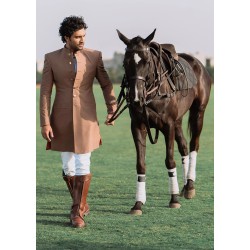 ZGMS1115 Light Buff Raw Silk Sherwani